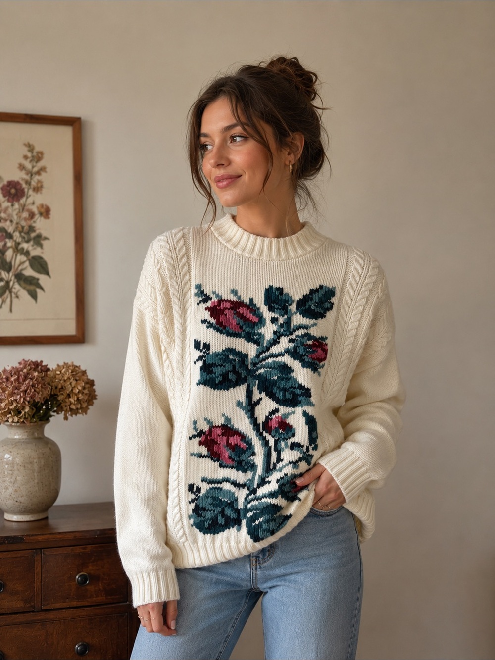 Vintage Cream Floral Mock Neck Cable-Knit Sweater - Women